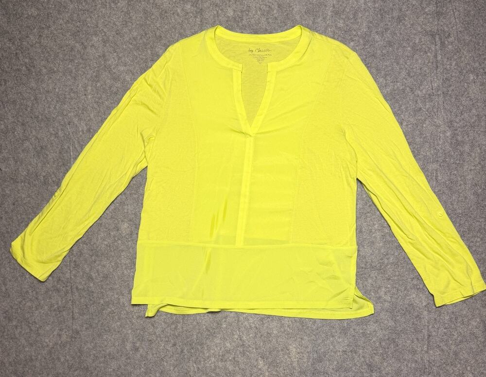 Chico's Top Size 2 Bright Green Cotton Modal Roll Tab Sleeve V-Neck Light